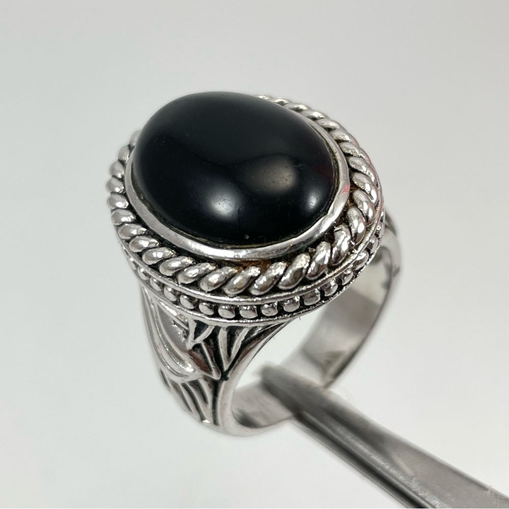 Stunning Oval Cut Faux Onyx Silver Tone Statement Ring Art Deco Sz 9